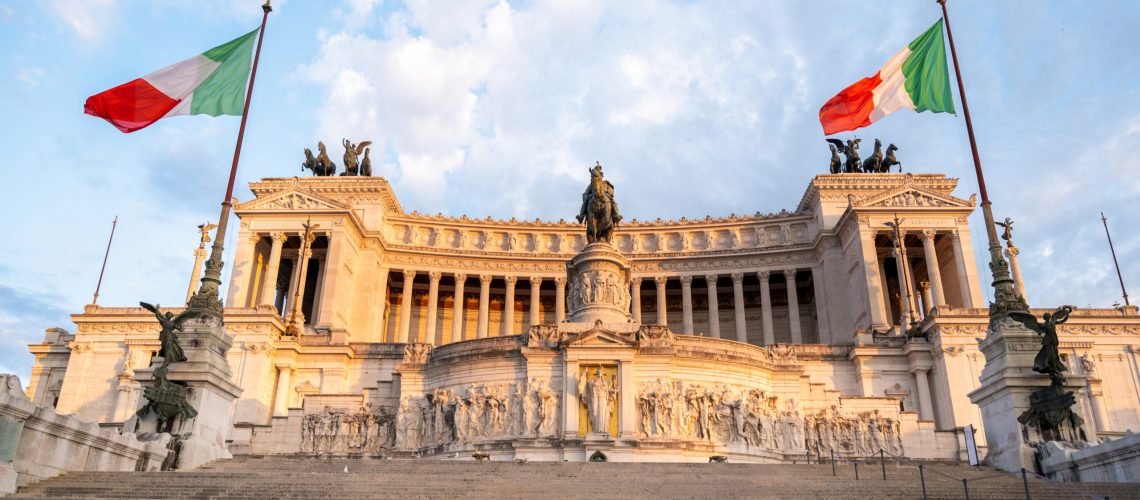 Victor Emmanuel II Monument located in the ancient center of Rome at sunset, Italy