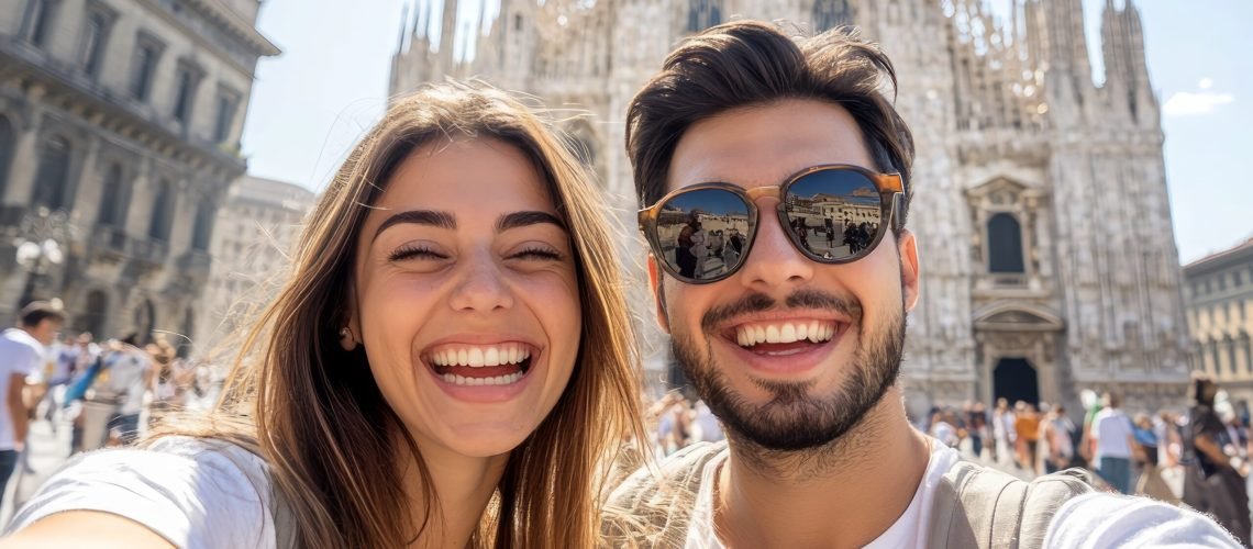 A happy couple taking a selfie in front of a stunning cathedral on a sunny day.