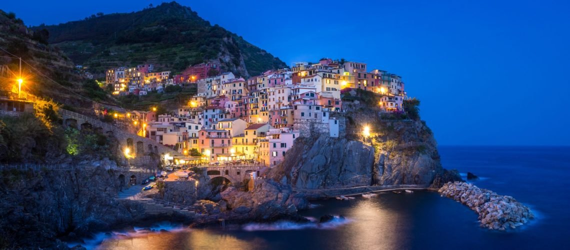 A beautiful view of lights in manarola village of cinque terre italy