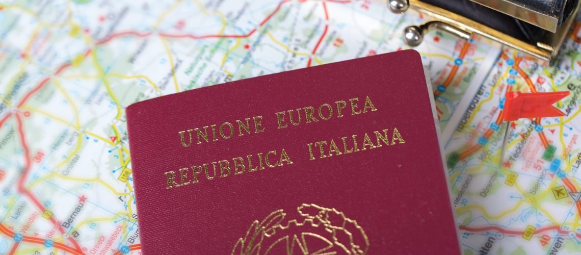 Italian passport on a map. Closeup